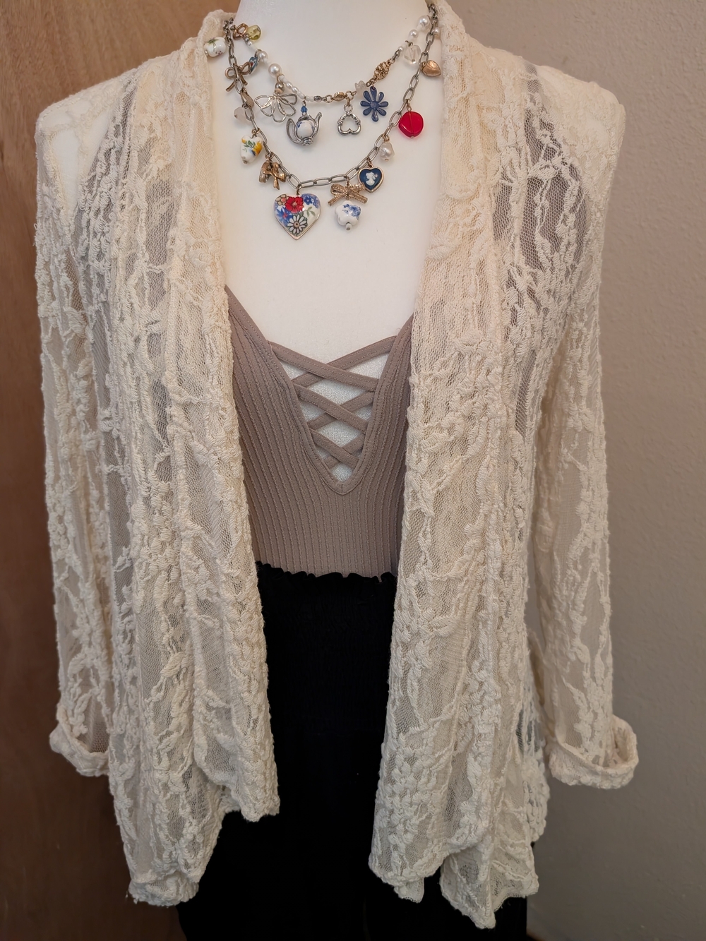 Miss Chievous Ivory Crochet Lace Open-Front Cardigan